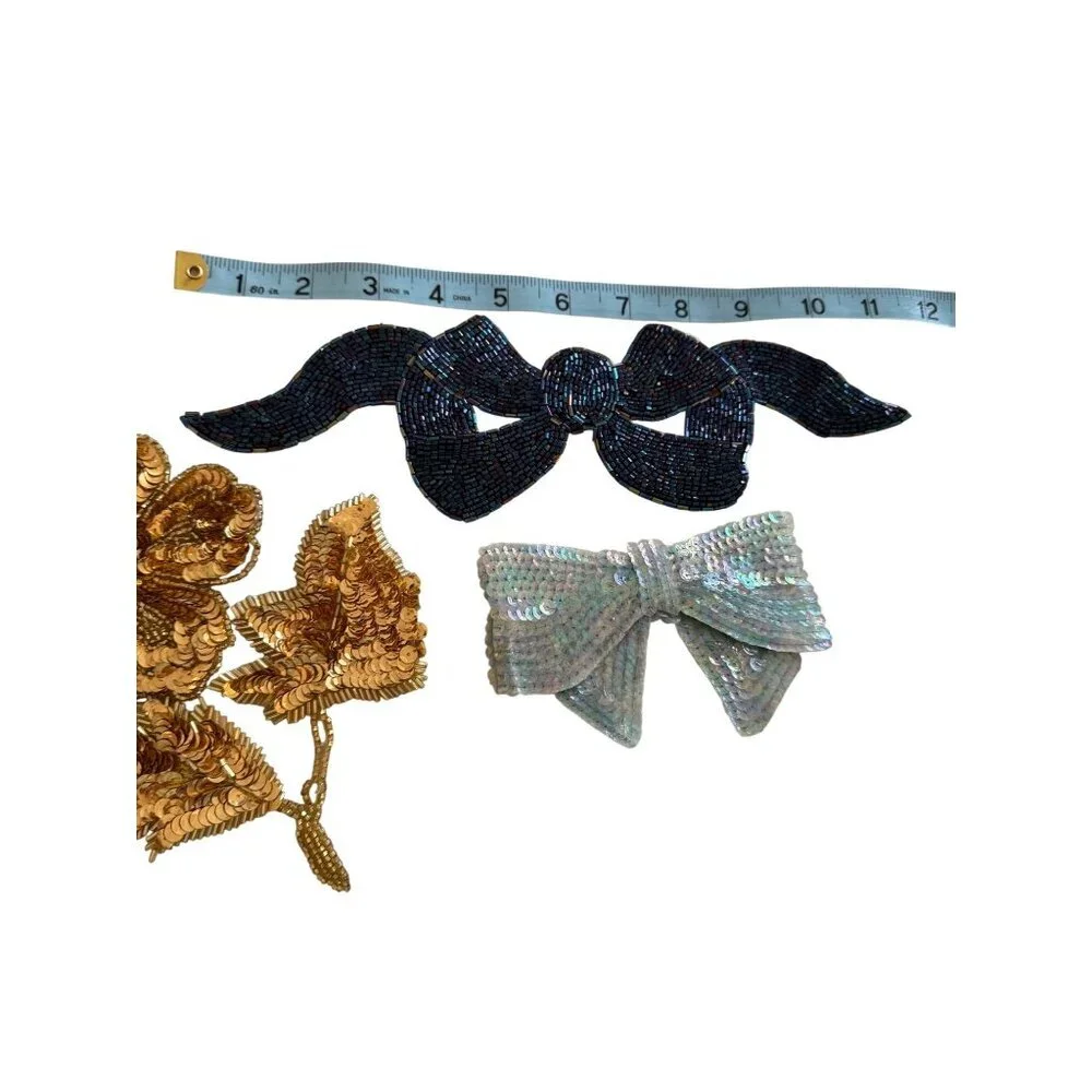 Bundle of 3 Vintage Beaded Sequin Appliques Flower Bows